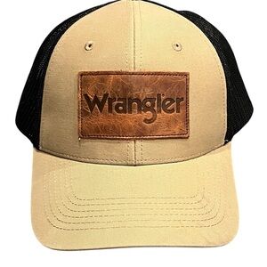 Wrangler Structured Meshback Hat Cap Leather Patch Adjustable Trucker Tan Black